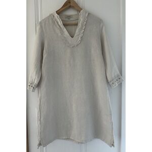 Via Signoria Made in Italy Beige Cotton Tunic Dress Crochet Trim Size Small